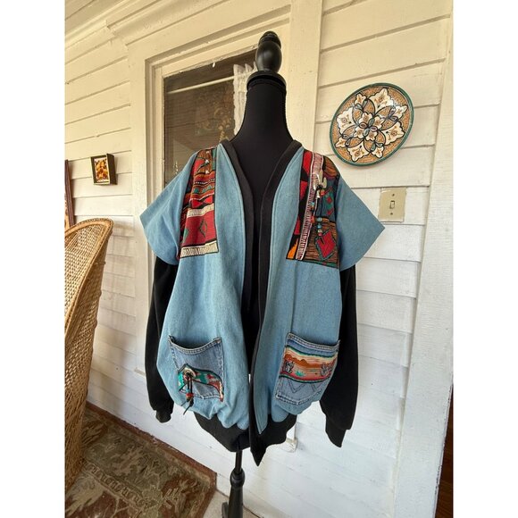 Vintage 80's handmade Southwestern-style denim jacket/sweatshirt Womens XL - Picture 14 of 16